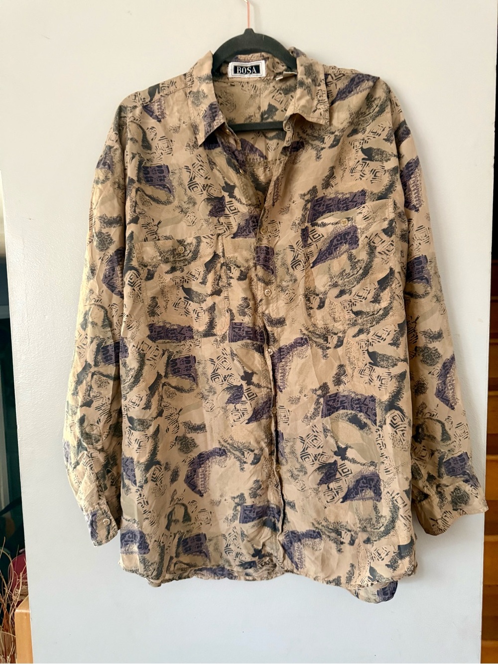 EUC Vintage BOSA Abstract Print Silk Button-Up Shirt - 90s Aesthetic